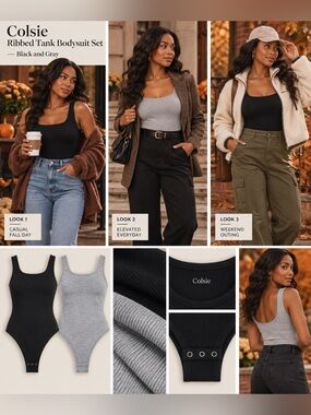 Colsie Ribbed Tank Bodysuit Set — Black and Gray